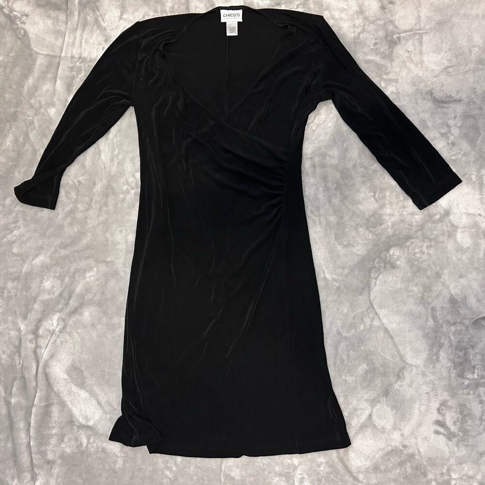 Chicos 1 Travelers Rosemary Faux Wrap Midi Dress Black Slinky Stretch Size M